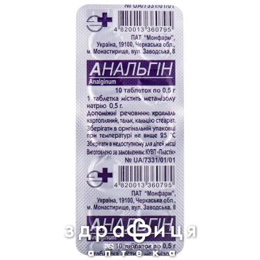 Анальгiн таблетки 0,5 г блiстер №10 знеболююче