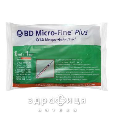 Шприц bd iнсулiн micro-fine plus u-100 0,5мл з голк 0,33х12,7мм (29g) №1