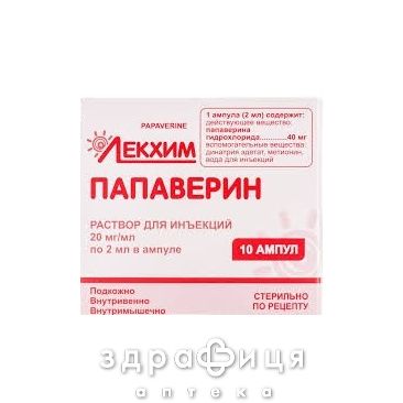 Папаверин р-н д/iн'єкцiй 20мг/мл 2мл №10 спазмолітики для кишечника