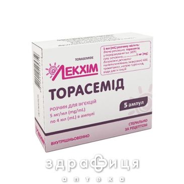 Торасемід р-н д/ін 5мг/мл 4мл амп №5 сечогінні таблетки (діуретики)