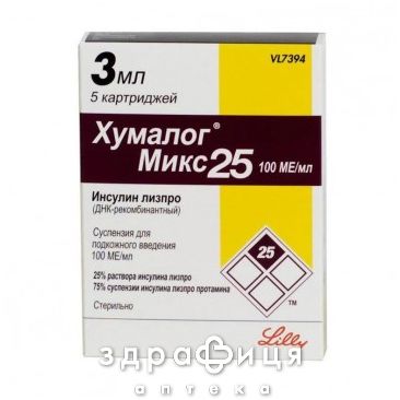 Хумалог мiкс 25 сусп. д/пiдшкiрн. введ. 100 мо/мл картридж 3 мл №5 лікарство від діабету