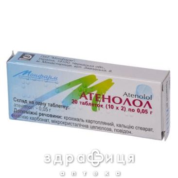 Атенолол таблетки 0,05 г блiстер №20