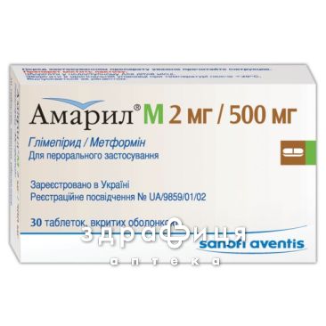 Амарил М 2мг/500мг таб п/о №30 препарат от диабета