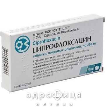 Ципрофлоксацин таблетки 250мг №10 антибіотики
