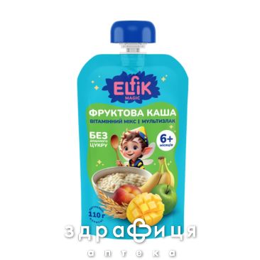 Детское питание Elfik magic пюре яблоко/персик/банан/манго мультизлак каша дой-пак 110г